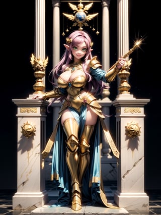 Princess Zelda, ((wearing the golden armor of the Sign of Libra with several gold weapons attached to the armor, extremely tight and tight on the body)), straight purple hair, hair with bangs in front of the eye, ((gigantic breasts)), ((posing, leaning against a structure)), staring at the viewer, in the temple of the knight of Sagittarius of ancient Greece, marble pillars, large altars with armor, near a waterfall, is by day, (((full body))), 16k, UHD, better quality, better resolution, better detail, light and shadow effects,
