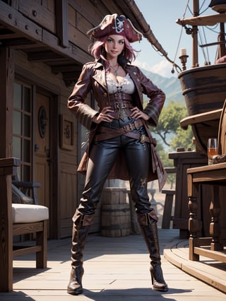 A pirate woman, wearing brown leather coat, white T-shirt, black pants, brown leather boots, steals very stylishly, ((gigantic breasts)), pink hair, messy hair, short hair, straight hair, hair with bangs in front of the eyes, ((pirate hat on the head)), looking at the viewer, (((pose with interaction and leaning on [something|an object]))), on a pirate ship with furniture,  structures, many pirates, ((full body):1.5), 16k, UHD, best possible quality, ultra detailed, best possible resolution, Unreal Engine 5, professional photography, well-detailed fingers, well-detailed hand, perfect_hands, ((style pirates of the caribbean))