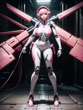 A woman, wearing ((white cybernetic armor with parts in pink+mecha costume)), wearing ((helmet, gigantic breasts, very pale skin, many tattoos)), very short hair, pink hair, messy hair, hair with bangs in front of her eyes, is looking at the spectate, (((sensual pose with interaction and leaning on anything+object+on something+leaning against))) in an ancient dungeon with waterfalls and large structures with ancient writings, with machines, robots and humanoids, ((full body):1.5); 16K, UHD, maximum quality, maximum resolution, ultra-realistic, ultra-detailed, ((perfect_hands):1), Goodhands-beta2, [super metroid]