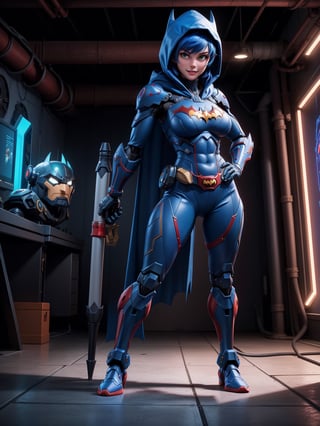 A woman, wearing blue mech costume with red parts + white ninja costume, very tight costume on the body, ((gigantic breasts)), blue hair, mohawk hair, short hair, hair with bangs in front of the eyes, ((hood on the head)), looking at the viewer, (((pose with interaction and leaning on [something|an object]))), at a secret base in a cave,  with computers, elevators, machines, robots, pipe-shaped lights, ((full body):1.5), 16k, UHD, best possible quality, ultra detailed, best possible resolution, Unreal Engine 5, professional photography, well-detailed fingers, well-detailed hand, perfect_hands, perfect, ((super metroid, batman)) + ((mecha, ninja))