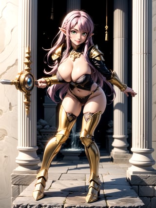 Princess Zelda, wearing the golden armor of the Sign of Libra with several gold weapons attached to the armor, extremely tight and tight on the body, straight purple hair, hair with bangs in front of the eye, ((gigantic breasts)), ((making action position, leaning against an object)), staring at the viewer, in the temple of the knight of Sagittarius of ancient Greece, marble pillars, large altars with armor, near a waterfall, is by day, (((full body))), 16k, UHD, better quality, better resolution, better detail, light and shadow effects,
