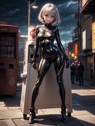 ((1woman)), ((wearing futuristic warrior clothing made of black latex, gold metals attached, extremely tight and short on the body)), ((flat silver hair, hair with bangs in front of the eye)), ((gigantic breasts)), ((staring at the viewer)), (((making erotic position leaning against an object))), ((in a futuristic city, giant robots, lampposts, raining hard, soda machines,  multiple people with different ethnicities)), ((((full body)))), 16k, UHD, better quality, better resolution, better detail, light and shadow effects