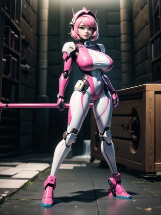 A woman, wearing ((white cybernetic armor with parts in pink+mecha costume)), wearing ((helmet, gigantic breasts, very pale skin, many tattoos)), very short hair, pink hair, messy hair, hair with bangs in front of her eyes, is looking at the spectate, (((sensual pose with interaction and leaning on anything+object+on something+leaning against))) in an ancient dungeon with waterfalls and large structures with ancient writings, with machines, robots and humanoids, ((full body):1.5); 16K, UHD, maximum quality, maximum resolution, ultra-realistic, ultra-detailed, ((perfect_hands):1), Goodhands-beta2, [super metroid]