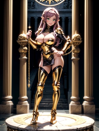 Princess Zelda, ((wearing the golden armor of the Sign of Libra with several gold weapons attached to the armor, extremely tight and tight on the body)), straight purple hair, hair with bangs in front of the eye, ((gigantic breasts)), ((Pposing, leaning against an item)), staring at the viewer, in the temple of the knight of Sagittarius of ancient Greece, marble pillars, large altars with armor, near a waterfall, is by day, (((full body))), 16k, UHD, better quality, better resolution, better detail, light and shadow effects,
