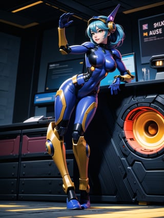 A woman, wearing white wick suit with parts in blue + robotic armor with lights, gigantic breasts, wearing helmet with transparent colored visor, blue hair, rebellious hair, messy hair, hair with bangs in front of the eye, looking at the viewer, (((sensual pose with interaction and leaning on anything+object+leaning against))), in a spaceship with many structures,  equipment, robots, computers, elevator, ((full body):1.5), 16K, UHD, unreal engine 5, quality max, max resolution, ultra-realistic, ultra-detailed, maximum sharpness, ((perfect_hands):1), Goodhands-beta2, super metroid, cyberware, cybernetic