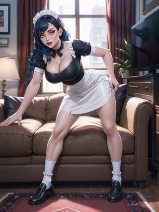 A woman, wearing black domestic sheath attire with white parts, short white skirt, long white socks, black shoes, tight and tight clothing, gigantic breasts, blue hair, hair with solo+short braid, mohawk hair, hair with bangs in front of the eyes, (looking at the viewer), (((sensual pose+Interacting+leaning on anything+object+leaning against))) in a modern apartment, with furniture, computers, plasma tv, bed, window, lights on the walls, sofa bed, 16K, UHD, (full body:1.5), unreal engine 5, cyberpunk, ((maid)), quality max, max resolution, ultra-realistic, ultra-detailed, maximum sharpness, ((ng_deeppositive_v1_75t)), ((perfect_hands)), better_hands