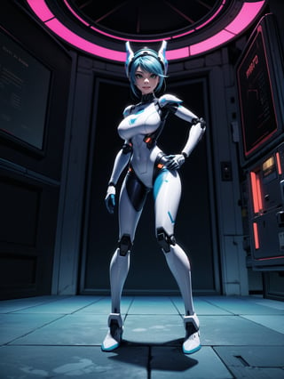 A woman, wearing white wick suit with parts in blue + robotic armor with lights, gigantic breasts, wearing helmet with transparent colored visor, blue hair, rebellious hair, messy hair, hair with bangs in front of the eye, looking at the viewer, (((sensual pose with interaction and leaning on anything+object+leaning against))), in a spaceship with many structures,  equipment, robots, computers, elevator, ((full body):1.5), 16K, UHD, unreal engine 5, quality max, max resolution, ultra-realistic, ultra-detailed, maximum sharpness, ((perfect_hands):1), Goodhands-beta2, [super metroid], cyberware, cybernetic