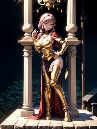 Princess Zelda, wearing the golden armor of the Sign of Libra with several gold weapons attached to the armor, extremely tight and tight on the body, straight purple hair, hair with bangs in front of the eye, ((gigantic breasts)), ((posing, leaning against an item of the scenery.)), staring at the viewer, in the temple of the knight of Sagittarius of ancient Greece, marble pillars, large altars with armor, near a waterfall, is by day, (((full body))), 16k, UHD, better quality, better resolution, better detail, light and shadow effects,
