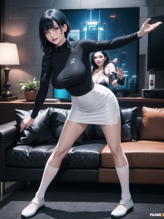 A woman, wearing black domestic sheath attire with white parts, short white skirt, long white socks, black shoes, tight and tight clothing, gigantic breasts, blue hair, hair with solo+short braid, mohawk hair, hair with bangs in front of the eyes, (looking at the viewer), (((dynamic pose+Interacting+leaning on anything+object+leaning against))), in a modern apartment with furniture, computers, plasma tv, bed, window, lights on the walls, sofa bed, 16K, UHD, (full body:1.5), unreal engine 5, quality max, max resolution, ultra-realistic, ultra-detailed, maximum sharpness, ((perfect_hands)), better_hands, cyberpunk