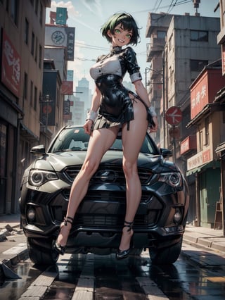 A woman wearing black maid's attire with white skirt, extremely tight and short costume and skirt, gigantic breasts, very short green hair, bangs in front of her eyes, (((erotic pose interacting and leaning on a vehicle))), in a completely destroyed city, burning buildings, is at night raining hard, ((full body):1.5). 16k, UHD, best possible quality, best possible detail, best possible resolution, Unreal Engine 5, professional photography,