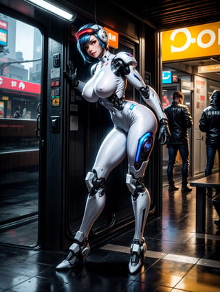 A fairy woman, wearing ((white mecha costume with parts in blue, gigantic breasts, cybernetic helmet)), very short hair, blue hair, messy hair, hair with bangs in front of eyes, magical aura around the body, (((looking at the viewer, sensual pose with interaction and leaning on anything+object+on something+leaning against+leaning against))) in a Japanese bus station at night with heavy rain, many structures, benches, people waiting for the bus, ((full body):1.5); 16K, UHD, unreal engine 5, quality max, max resolution, ultra-realistic, ultra-detailed, maximum sharpness, ((perfect_hands): 1), Goodhands-beta2, ((technological)), ((cyberpunk))