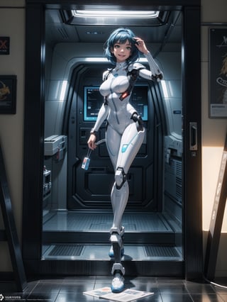 A woman, wearing white wick suit with parts in blue + robotic armor with lights, gigantic breasts, wearing helmet with transparent colored visor, blue hair, rebellious hair, messy hair, hair with bangs in front of the eye, looking at the viewer, (((sensual pose with interaction and leaning on anything+object+leaning against))), in a spaceship with many structures,  equipment, robots, computers, elevator, ((full body):1.5), 16K, UHD, unreal engine 5, quality max, max resolution, ultra-realistic, ultra-detailed, maximum sharpness, ((perfect_hands):1), Goodhands-beta2, [super metroid], cyberware, cybernetic