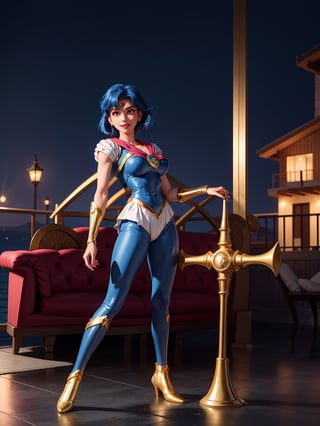 A woman, wearing a blue Sailor Moon costume, a very tight and tight costume, ((gigantic breasts)), blue hair, short hair, straight hair, hair with bangs in front of her eyes, ((golden helmet on her head)), looking at the viewer, (((pose with interaction and leaning on [something|an object]))), on a yacht with structures, furniture, machinery, sea breeze,  is at night, raining very hard, ((full body):1.5), 16k, UHD, best possible quality, ultra detailed, best possible resolution, Unreal Engine 5, professional photography, well-detailed fingers, well-detailed hand, perfect_hands, perfect, ((Sailor Moon))