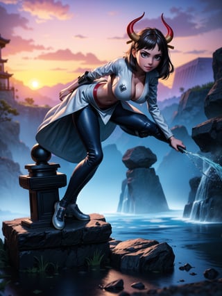 A woman, wearing ((white robe+White mecha costume with parts in blue, gigantic breasts, horns)), very short hair, messy hair, hair with bangs in front of eyes, magical aura around the body, (((looking at the viewer, sensual pose with interaction and leaning on anything+object+on something+leaning against+leaning against))) in an ancient temple at night in the mountains, with many structures, waterfall, altars, pedestals, ((full body):1.5); 16K, UHD, unreal engine 5, quality max, max resolution, ultra-realistic, ultra-detailed, maximum sharpness, ((perfect_hands):1), Goodhands-beta2, (Assassin's creed) + ((futuristic))