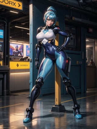 A woman, wearing robotic suit+mecha suit+cybernetic armor, white suit with parts in blue, wearing helmet with colored visor, gigantic breasts, blue hair, extremely short hair, rebellious hair, hair with ponytail, hair with bangs in front of the eye, looking at the viewer, (((sensual pose+Interacting+leaning on anything+object+leaning against))), in an airport with machines, equipment, structures, many people, ((full body):1.5), 16K, UHD, Unreal Engine 5, quality max, max resolution, ultra-realistic, ultra-detailed, maximum sharpness, ((perfect_hands):1), Goodhands-beta2, [super metroid, cyberpunk]