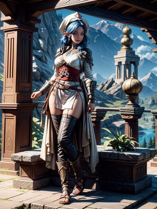 Just a woman, wearing a white robe with parts, brown leather T-shirt, black short pants, brown leather boots, extremely tight clothing on the body and tight, absurdly giant breasts, blue hair, very short hair, hair with bangs in front of the eyes, hood on the head, looking at the viewer, (((erotic pose interacting and leaning on something))), in an ancient temple, furniture, architectures, altars, a full moon at the top right, background of mountains with waterfalls at night, ((full body):1.5). 16k, UHD, best possible quality, ((best possible detail):1), best possible resolution, Unreal Engine 5, professional photography, ((Assassin's creed+Zelda))