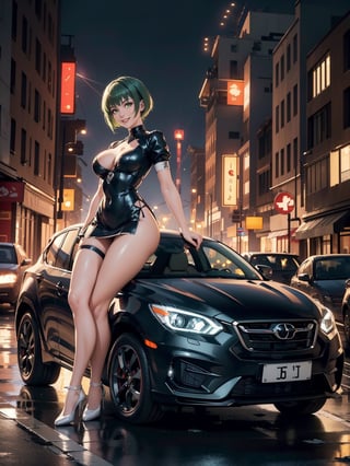 A woman wearing black maid's attire with white skirt, extremely tight and short costume and skirt, gigantic breasts, very short green hair, bangs in front of her eyes, (((erotic pose interacting and leaning on a vehicle))), in a completely destroyed city, burning buildings, is at night raining hard, ((full body):1.5). 16k, UHD, best possible quality, best possible detail, best possible resolution, Unreal Engine 5, professional photography,