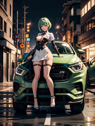 A woman wearing black maid's attire with white skirt, extremely tight and short costume and skirt, gigantic breasts, very short green hair, bangs in front of her eyes, (((erotic pose interacting and leaning on a vehicle))), in a completely destroyed city, burning buildings, is at night raining hard, ((full body):1.5). 16k, UHD, best possible quality, best possible detail, best possible resolution, Unreal Engine 5, professional photography,