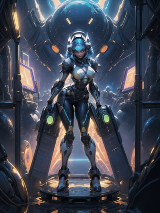 Ultra HD 16K resolution, blending Mega Man X and Super Metroid styles, offering maximum sharpness and exceptional quality. | On a futuristic aircraft, a stunning 30-year-old woman with short blue hair wears white robotic armor with blue and yellow details, standing out in the ultra-detailed scene. The cybernetic helmet frames her face, and she gazes directly at the viewer, intensifying the visual connection. | The composition, at a descending dynamic angle, highlights the woman's sensual pose as she interacts and leans on a large technological structure. Large machines, control panels, flying vehicles, and glass barrels containing luminous liquid create a futuristic environment. | Lighting effects enhance the sharpness of the armor, emphasizing the luminosity of the liquid in the barrels, creating an immersive sci-fi atmosphere. Large technological structures complete the scene, making it visually striking. | An impressive woman in a sensual pose on the futuristic aircraft, styled after Mega Man X and Super Metroid, interacting with the technological environment. | She: ((interacting and leaning on anything, very large structure+object, leaning against, sensual pose):1.3), ((Full body image)), perfect hand, fingers, hand, perfect, better_hands, More Detail.