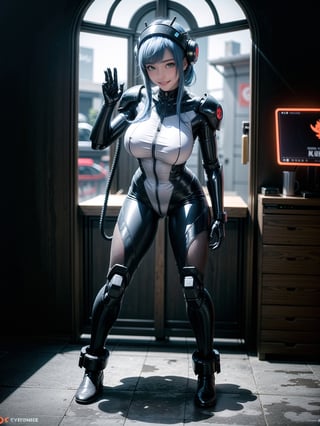 A woman, wearing white wick suit with parts in blue + robotic armor with lights, gigantic breasts, wearing helmet with transparent colored visor, blue hair, rebellious hair, messy hair, hair with bangs in front of the eye, looking at the viewer, (((sensual pose with interaction and leaning on anything+object+leaning against))), in a spaceship with many structures,  equipment, robots, computers, elevator, ((full body):1.5), 16K, UHD, unreal engine 5, quality max, max resolution, ultra-realistic, ultra-detailed, maximum sharpness, ((perfect_hands):1), Goodhands-beta2, [super metroid], cyberware, cybernetic