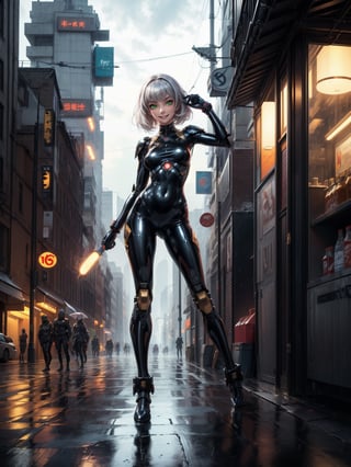 ((1woman)), ((wearing futuristic warrior clothing made of black latex, gold metals attached, extremely tight and short on the body)), ((flat silver hair, hair with bangs in front of the eye)), ((gigantic breasts)), ((staring at the viewer)), (((doing action position, leaning against an object))), ((in a futuristic city, giant robots, lampposts, raining hard, soda machines,  multiple people with different ethnicities)), ((((full body)))), 16k, UHD, better quality, better resolution, better detail, light and shadow effects