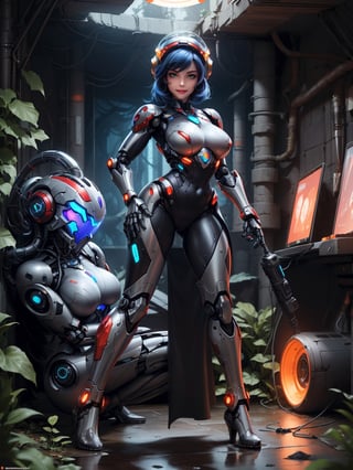 A woman, wearing a black robotic suit with red metal couplings, robotic limbs, ((gigantic breasts)), blue hair, messy hair, short hair, straight hair, hair with bangs in front of the eyes, (((robotic helmet)), looking at the viewer, (((pose with interaction and leaning on [something|an object]))), in a cave full of machines, computers, luminous pipes, leaves, near a waterfall, ((full body):1.5), 16k, UHD, best possible quality, ultra detailed, best possible resolution, Unreal Engine 5, professional photography, well-detailed fingers, well-detailed hand, perfect_hands, perfect, ((robotic limbs, robotic suit)) + ((super_metroid))