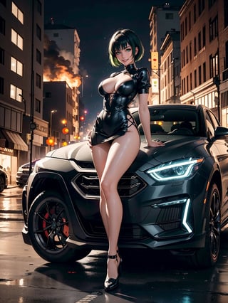 A woman wearing black maid's attire with white skirt, extremely tight and short costume and skirt, gigantic breasts, very short green hair, bangs in front of her eyes, (((erotic pose interacting and leaning on a vehicle))), in a completely destroyed city, burning buildings, is at night raining hard, ((full body):1.5). 16k, UHD, best possible quality, best possible detail, best possible resolution, Unreal Engine 5, professional photography,