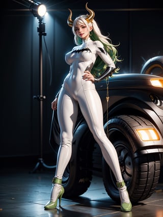 A woman, wearing white wick suit + green metallic suit with lights attached, ((gigantic breasts)), hair slick, hair with bangs in front of the eyes, ((horns and helmet on the head)), looking at the viewer, ((pose with interaction and leaning on [something|an object])), in an alien ship, with computers, machines, teleportation, armed aliens, luminous pipes, ((full body):1.5), 16k, UHD, best possible quality, ultra detailed, best possible resolution, Unreal Engine 5, professional photography, well-detailed fingers, well-detailed hand, perfect_hands, perfect, ((super metroid)) + ((batman))