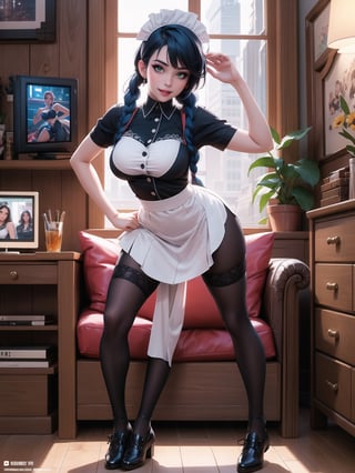 A woman, wearing black domestic sheath attire with white parts, short white skirt, long white socks, black shoes, tight and tight clothing, gigantic breasts, blue hair, hair with solo+short braid, mohawk hair, hair with bangs in front of the eyes, (looking at the viewer), (((dynamic pose+Interacting+leaning on anything+object+leaning against))) in a modern apartment, with furniture, computers, plasma tv, bed, window, lights on the walls, sofa bed, 16K, UHD, (full body:1.5), unreal engine 5, cyberpunk, ((maid)), quality max, max resolution, ultra-realistic, ultra-detailed, maximum sharpness, ((two legs, perfect_hands)), better_hands, ng_deeppositive_v1_75t