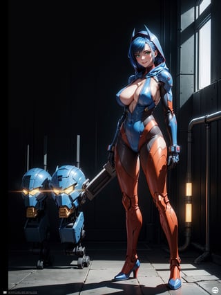 A woman, wearing blue mech costume with red parts + white ninja costume, very tight costume on the body, ((gigantic breasts)), blue hair, mohawk hair, short hair, hair with bangs in front of the eyes, ((hood on the head)), looking at the viewer, (((pose with interaction and leaning on [something|an object]))), at a secret base in a cave,  with computers, elevators, machines, robots, pipe-shaped lights, ((full body):1.5), 16k, UHD, best possible quality, ultra detailed, best possible resolution, Unreal Engine 5, professional photography, well-detailed fingers, well-detailed hand, perfect_hands, perfect, ((super metroid, batman)) + ((mecha, ninja))