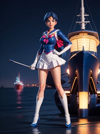 A woman, wearing white Sailor Moon costume with blue + wick suit, ((gigantic breasts)), blue hair, very short hair, straight hair, hair with bangs in front of the eyes, ((helmet on the head)), looking at the viewer, (((pose with interaction and leaning on [something|an object]))), on a yacht with structures, furniture, machinery, sea breeze, is at night,  raining very hard, ((full body):1.5), 16k, UHD, best possible quality, ultra detailed, best possible resolution, Unreal Engine 5, professional photography, ((well-detailed fingers, well-detailed hand, perfect hands, perfect):1), ((Sailor Moon)) + ((neon genesis evangelion))