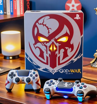 A fully customized God of War themed PlayStation 5 on a table.