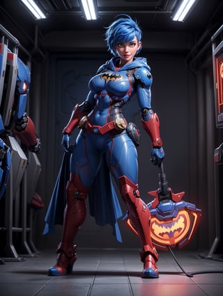 A woman, wearing blue mech costume with red parts + white ninja costume, very tight costume on the body, ((gigantic breasts)), blue hair, mohawk hair, short hair, hair with bangs in front of the eyes, ((hood on the head)), looking at the viewer, (((pose with interaction and leaning on [something|an object]))), at a secret base in a cave,  with computers, elevators, machines, robots, pipe-shaped lights, ((full body):1.5), 16k, UHD, best possible quality, ultra detailed, best possible resolution, Unreal Engine 5, professional photography, well-detailed fingers, well-detailed hand, perfect_hands, perfect, ((super metroid, batman)) + ((mecha, ninja))