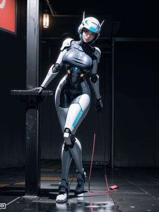 A fairy woman, wearing ((white mecha costume with parts in blue, gigantic breasts, cybernetic helmet)), very short hair, blue hair, messy hair, hair with bangs in front of eyes, magical aura around the body, (((looking at the viewer, sensual pose with interaction and leaning on anything+object+on something+leaning against+leaning against))) in a Japanese bus station at night with heavy rain, many structures, benches, people waiting for the bus, ((full body):1.5); 16K, UHD, unreal engine 5, quality max, max resolution, ultra-realistic, ultra-detailed, maximum sharpness, ((perfect_hands): 1), Goodhands-beta2, ((technological)), ((cyberpunk))