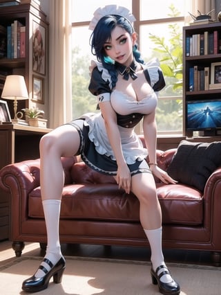 A woman, wearing black domestic sheath attire with white parts, short white skirt, long white socks, black shoes, tight and tight clothing, gigantic breasts, blue hair, hair with solo+short braid, mohawk hair, hair with bangs in front of the eyes, (looking at the viewer), (((dynamic pose+Interacting+leaning on anything+object+leaning against))) in a modern apartment, with furniture, computers, plasma tv, bed, window, lights on the walls, sofa bed, 16K, UHD, (full body:1.5), unreal engine 5, cyberpunk, ((maid)), quality max, max resolution, ultra-realistic, ultra-detailed, maximum sharpness, ((two legs, perfect_hands)), better_hands,
