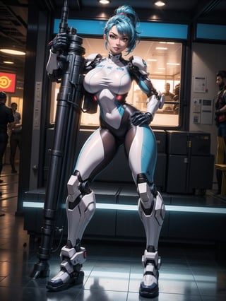 A woman, wearing robotic suit+mecha suit+cybernetic armor, white suit with parts in blue, wearing helmet with colored visor, gigantic breasts, blue hair, extremely short hair, rebellious hair, hair with ponytail, hair with bangs in front of the eye, looking at the viewer, (((sensual pose+Interacting+leaning on anything+object+leaning against))), in an airport with machines, equipment, structures, many people, ((full body):1.5), 16K, UHD, Unreal Engine 5, quality max, max resolution, ultra-realistic, ultra-detailed, maximum sharpness, ((perfect_hands):1), Goodhands-beta2, [super metroid, cyberpunk]