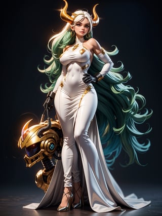 A woman, wearing white wick suit + green metallic suit with lights attached, ((gigantic breasts)), hair slick, hair with bangs in front of the eyes, ((horns and helmet on the head)), looking at the viewer, ((pose with interaction and leaning on [something|an object])), in an alien ship, with computers, machines, teleportation, armed aliens, luminous pipes, ((full body):1.5), 16k, UHD, best possible quality, ultra detailed, best possible resolution, Unreal Engine 5, professional photography, well-detailed fingers, well-detailed hand, perfect_hands, perfect, ((super metroid))