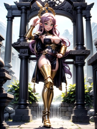 Princess Zelda, wearing the golden armor of the Sign of Libra with several gold weapons attached to the armor, extremely tight and tight on the body, straight purple hair, hair with bangs in front of the eye, ((gigantic breasts)), ((pose, leaning against a structure)), staring at the viewer, in the temple of the knight of Sagittarius of ancient Greece, marble pillars, large altars with armor, near a waterfall, is by day, (((full body))), 16k, UHD, better quality, better resolution, better detail, light and shadow effects,
