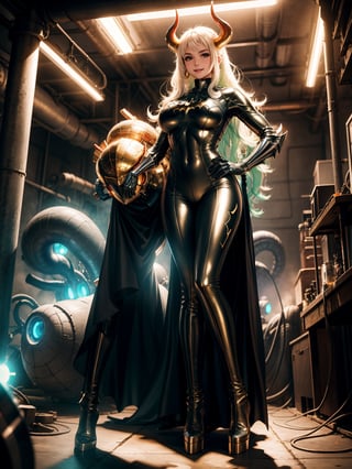A woman, wearing white wick suit + green metallic suit with lights attached, ((gigantic breasts)), hair straight, hair with bangs in front of the eyes, ((horns and helmet on the head)), looking at the viewer, ((pose with interaction and leaning on [something|an object])), in a shed, with computers, machines, teleportation, vehicles, luminous pipes, ((full body):1.5), 16k, UHD, best possible quality, ultra detailed, best possible resolution, Unreal Engine 5, professional photography, well-detailed fingers, well-detailed hand, perfect_hands, perfect, ((super metroid, batman))