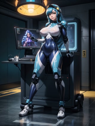 A woman, wearing white wick suit with parts in blue + robotic armor with lights, gigantic breasts, wearing helmet with transparent colored visor, blue hair, rebellious hair, messy hair, hair with bangs in front of the eye, looking at the viewer, (((sensual pose with interaction and leaning on anything+object+leaning against))), in a spaceship with many structures,  equipment, robots, computers, elevator, ((full body):1.5), 16K, UHD, unreal engine 5, quality max, max resolution, ultra-realistic, ultra-detailed, maximum sharpness, ((perfect_hands):1), Goodhands-beta2, [super metroid], cyberware, cybernetic