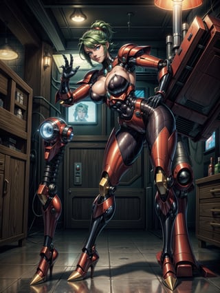 A woman, worn mecha+mecha armor+red bionic armor with white parts, gigantic breasts, helmet with glass visor, green hair, extremely short hair, rebellious hair, hair with ponytail, hair with bangs in front of the eye, looking at the viewer, (((sensual pose+Interacting+leaning on anything+object+leaning against))), in the underworld at night with many machines, robots, machines, metal structures, ((full body):1.5), 16K, UHD, unreal engine 5, quality max, max resolution, ultra-realistic, ultra-detailed, maximum sharpness, ((perfect_hands):1), Goodhands-beta2, [megaman, super metroid], ((mecha))