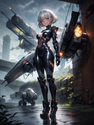 ((1woman)), ((wearing futuristic warrior clothing made of black latex, gold metals attached, extremely tight and short on the body)), ((flat silver hair, hair with bangs in front of the eye)), ((gigantic breasts)), ((staring at the viewer)), (((doing action position, leaning against an object))), ((on a battlefield with futuristic flying machines, war tanks, robots, big futuristic equipment, giant mechs, steel stones, it's daytime, raining hard)), ((((full body)))), 16k, UHD, better quality, better resolution, better detail, light and shadow effects