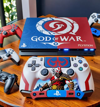 A fully customized God of War themed PlayStation 5 on a table.