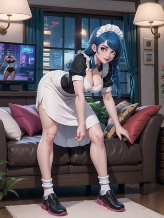A woman, wearing black domestic sheath attire with white parts, short white skirt, long white socks, black shoes, tight and tight clothing, gigantic breasts, blue hair, hair with solo+short braid, mohawk hair, hair with bangs in front of the eyes, (looking at the viewer), (((dynamic pose+Interacting+leaning on anything+object+leaning against))) in a modern apartment, with furniture, computers, plasma tv, bed, window, lights on the walls, sofa bed, 16K, UHD, (full body:1.5), unreal engine 5, cyberpunk, ((maid)), quality max, max resolution, ultra-realistic, ultra-detailed, maximum sharpness, ((perfect_hands)), better_hands,
