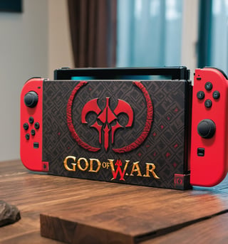 ((A fully customized God of War themed nintendo switch on a table)).