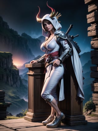 A woman, wearing ((white robe+White mecha costume with parts in blue, gigantic breasts, horns)), very short hair, white hair, hair with green strands, messy hair, hair with bangs in front of eyes, magical aura around the body, (((looking at the viewer, sensual pose with interaction and leaning on anything+object+on something+leaning against+leaning against))) in an ancient temple at night in the mountains, with many structures, waterfall, altars, pedestals, ((full body):1.5); 16K, UHD, unreal engine 5, quality max, max resolution, ultra-realistic, ultra-detailed, maximum sharpness, ((perfect_hands):1), Goodhands-beta2, ((Assassin's creed))+((super metroid)), YamatoV2