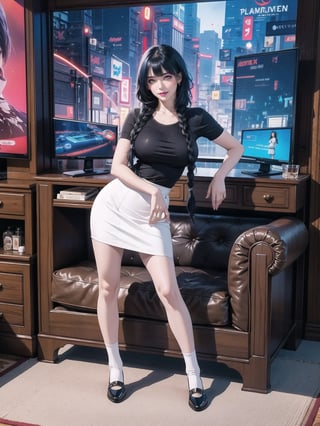 A woman, wearing black domestic sheath attire with white parts, short white skirt, long white socks, black shoes, tight and tight clothing, gigantic breasts, blue hair, hair with solo+short braid, mohawk hair, hair with bangs in front of the eyes, (looking at the viewer), (((sensual pose+Interacting+leaning on anything+object+leaning against))), in a modern apartment with furniture, computers, plasma tv, bed, window, lights on the walls, sofa bed, 16K, UHD, (full body:1.5), unreal engine 5, quality max, max resolution, ultra-realistic, ultra-detailed, maximum sharpness, ((perfect_hands)), better_hands, cyberpunk