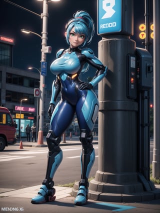 A woman, wearing robotic suit+mecha suit+white cybernetic armor with parts in blue, wearing helmet with colored visor, gigantic breasts, blue hair, extremely short hair, rebellious hair, hair with ponytail, hair with bangs in front of the eye, looking at the viewer, (((sensual pose+Interacting+leaning on anything+object+leaning against))), at a bus stop with many machines, structures, people walking, ((full body):1.5), 16K, UHD, Unreal Engine 5, quality max, max resolution, ultra-realistic, ultra-detailed, maximum sharpness, ((perfect_hands):1), Goodhands-beta2, [super metroid, cyberpunk]