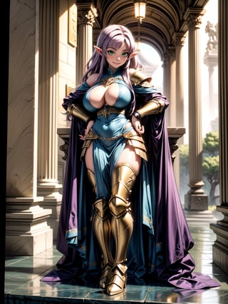 Princess Zelda, wearing the golden armor of the Sign of Libra with several gold weapons attached to the armor, extremely tight and tight on the body, straight purple hair, hair with bangs in front of the eye, ((gigantic breasts)), ((posing, leaning against an object)), staring at the viewer, in the temple of the knight of Sagittarius of ancient Greece, marble pillars, large altars with armor, near a waterfall, is by day, (((full body))), 16k, UHD, better quality, better resolution, better detail, light and shadow effects,
