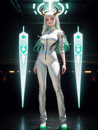 A woman, wearing white wick suit + green metallic suit with lights attached, ((gigantic breasts)), hair slick, hair with bangs in front of the eyes, ((horns and helmet on the head)), looking at the viewer, ((pose with interaction and leaning on [something|an object])), in an alien ship, with computers, machines, teleportation, armed aliens, luminous pipes, ((full body):1.5), 16k, UHD, best possible quality, ultra detailed, best possible resolution, Unreal Engine 5, professional photography, well-detailed fingers, well-detailed hand, perfect_hands, perfect